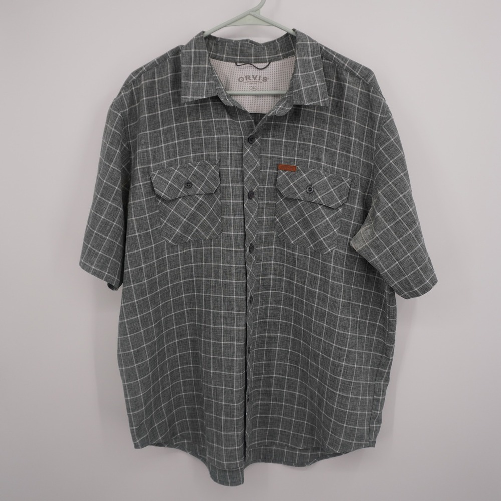 Orvis Button‎ Up Shirt Mens XL Gray Plaid Short Sleeve Fishing Outdoors